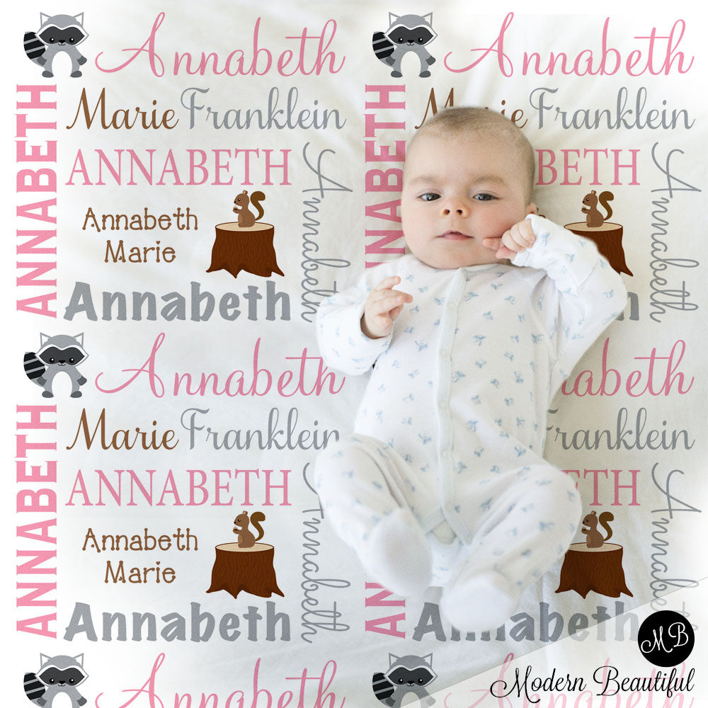Girl Forest Animals Name Blanket, personalized baby gift, photo prop blanket, baby blanket, personalized blanket, choose colors