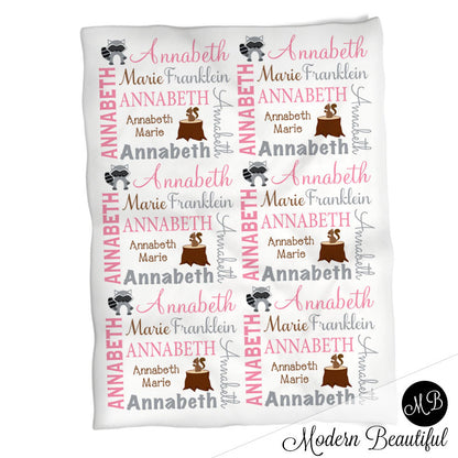 Girl Forest Animals Name Blanket, personalized baby gift, photo prop blanket, baby blanket, personalized blanket, choose colors