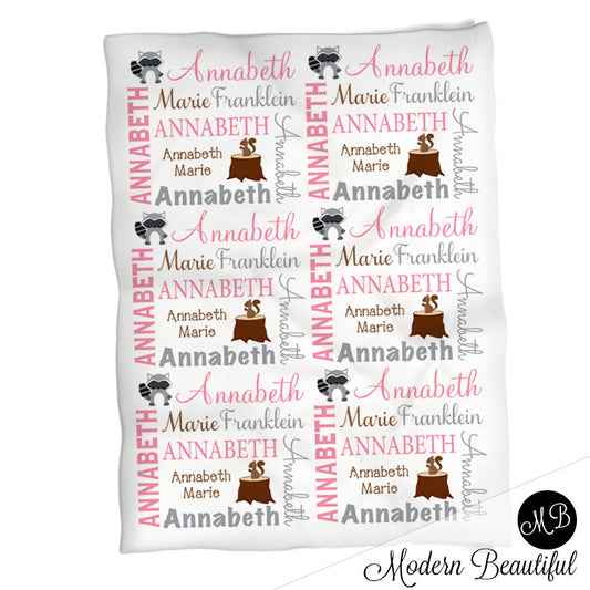 Girl Forest Animals Name Blanket, personalized baby gift, photo prop blanket, baby blanket, personalized blanket, choose colors