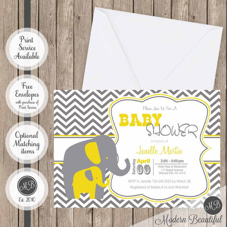 yellow and gray elephant invitations